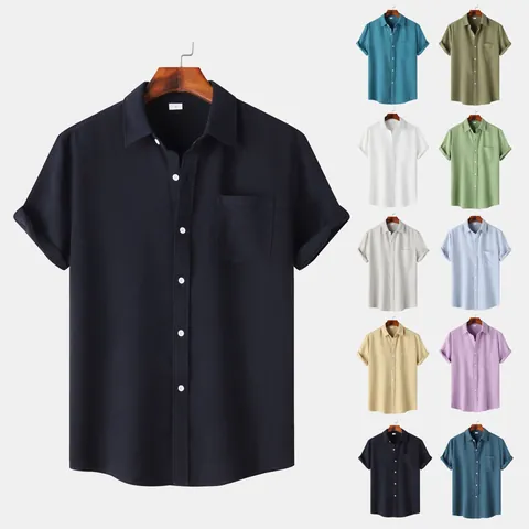 Camisa Casual de Punto de Gofre de Manga Corta para Hombre con Cuello de Solapa de Mezcla de Algodón con Bolsillo Top de Verano