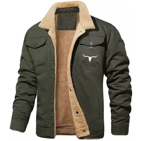 Men's Workwear Jacket Sherpa Lined Fleece Collar Winter Warm Casual Cargo Coat With Bull Head Print Vintage Outerwear