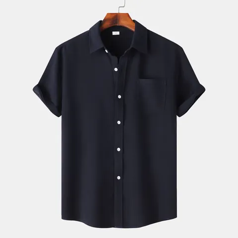Camisa Casual de Punto de Gofre de Manga Corta para Hombre con Cuello de Solapa de Mezcla de Algodón con Bolsillo Top de Verano