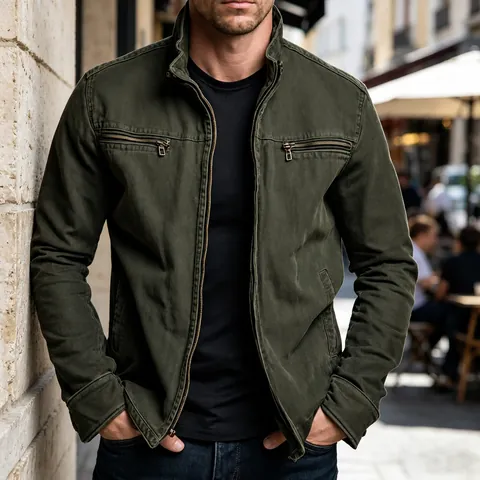 Men's Casual Vintage Workwear Jacket Polyester Cotton Blend Stand Collar Multi-Pocket Zip Up Coat For Spring Autumn