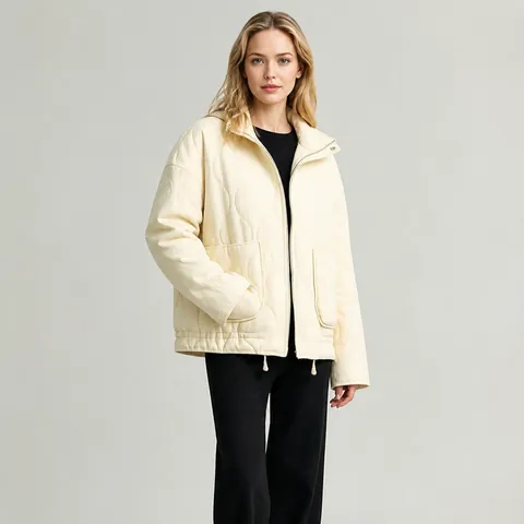 Chaqueta Acolchada de Algodón Lavado Casual para Mujer Cuello Alzado Holgada Abrigo de Invierno Streetwear Top Con Bolsillos