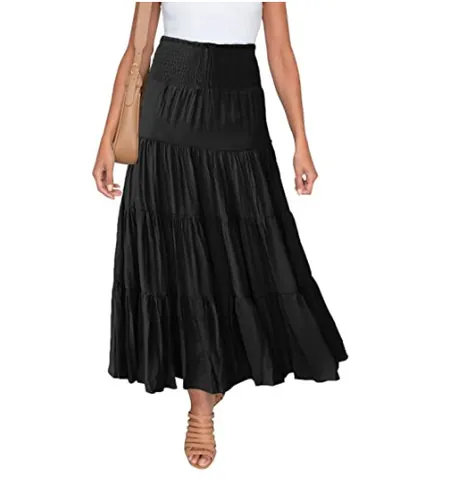Jupe Longue à Étages Bohème à Taille Haute pour Femmes Été Élastique Smokée en A Jupe Longue Décontractée Couleur Unie Plage