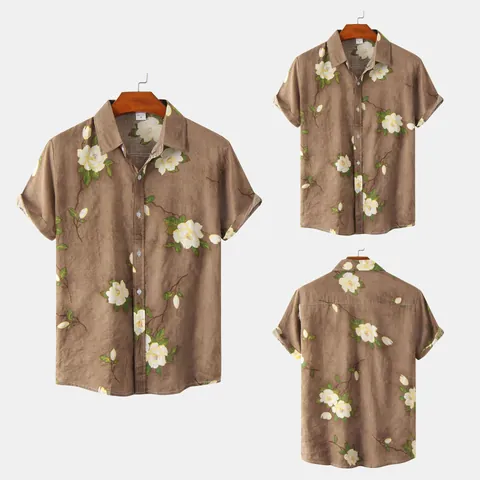 Herren Casual Kurzarm Hemd Magnolie Blumendruck Baumwollmischung Revers Einreihig Top Für Sommerurlaub Strandbekleidung