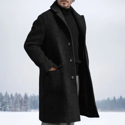 Men Vintage Long Woolen Coat Fashion Single Breasted Polyester Overcoat Warm Winter Jacket For Daily Office Outdoor