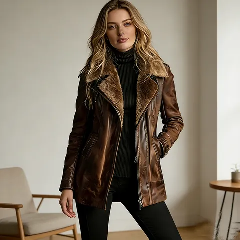 Women Vintage Faux Suede Shearling Jacket Distressed Lapel Zipper Mid-length Coat Faux Fur Lined Top Brown Outerwear
