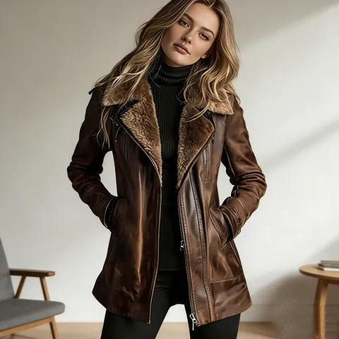 Women Vintage Faux Suede Shearling Jacket Distressed Lapel Zipper Mid-length Coat Faux Fur Lined Top Brown Outerwear