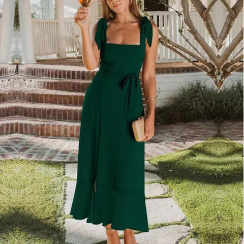 Women Elegant French Style Tie Strap Midi Dress Square Neck Slit Ruffle Hem Sleeveless Polyester Party Vacation Dress
