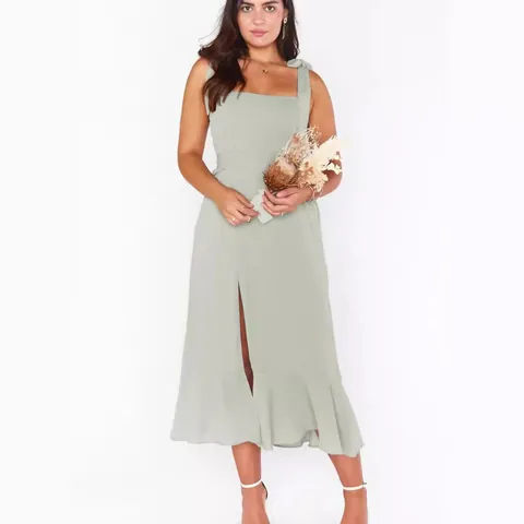 Women Elegant French Style Tie Strap Midi Dress Square Neck Slit Ruffle Hem Sleeveless Polyester Party Vacation Dress