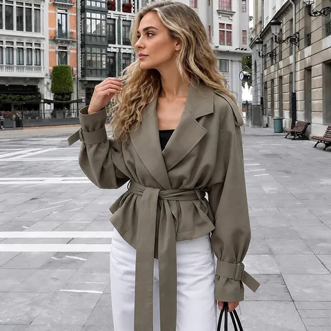 Trench-coat Femme Style Français Grand Revers Ceinturé Élégant Couleur Unie Manches Lanterne Vêtements de Navette Polyester Coupe-vent