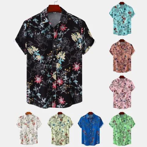 Men Casual Floral Shirt Cotton Blend Short Sleeve Tropical Print Button Down Summer Beach Hawaiian Style Shirt For Men