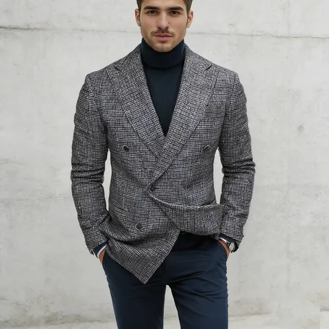 Blazer Décontracté à Carreaux pour Hommes Double Boutonnage Coupe Slim Veste de Costume Style Britannique Pied-de-poule