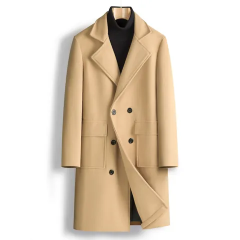 Soprabito da Uomo di Media Lunghezza in Misto Cotone Doppiopetto Trench Classico Collo Alto Casual Slim Fit Giacca Invernale Calda Con Cintura