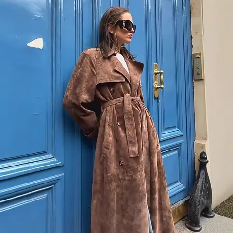 Damen Retro Wildlederimitat Langer Mantel Zweireihig Revers Trenchcoat Mit Gürtel Vintage Herbst Winter Mode Oberbekleidung Top