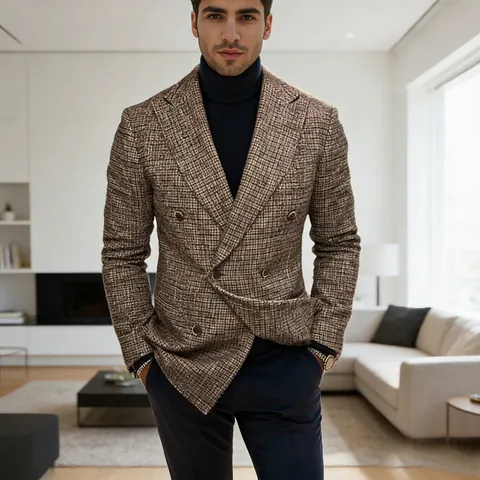 Blazer Décontracté à Carreaux pour Hommes Double Boutonnage Coupe Slim Veste de Costume Style Britannique Pied-de-poule