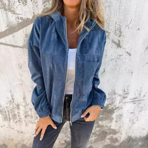 Giacca con Cappuccio in Velluto a Coste a Tinta Unita da Donna Cappotto Casual con Cerniera e Maniche Lunghe con Tasche Top