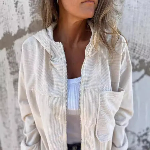 Giacca con Cappuccio in Velluto a Coste a Tinta Unita da Donna Cappotto Casual con Cerniera e Maniche Lunghe con Tasche Top