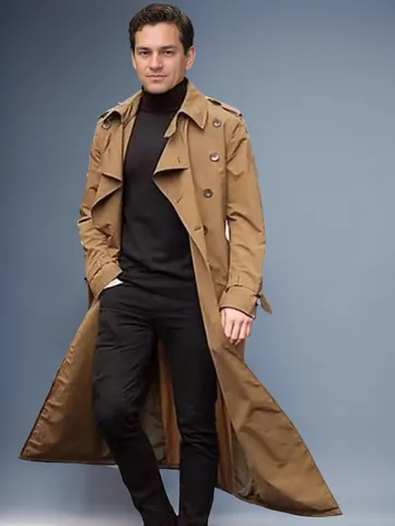 Men's Long Trench Coat Double-Breasted Windbreaker Jacket With Belt Fashion Casual Overcoat For Autumn Spring Winter Outerwear