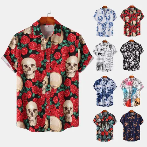 Men Halloween Casual Short Sleeve Shirt Cotton Linen Blend Printed Skull Rose Graphic Beach Shirt Stand Collar Button Holiday Top