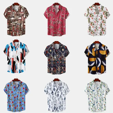 Men Casual Short Sleeve Beach Shirt European Size Floral Geometric Print Tropical Vacation Top For Summer Holiday Cotton