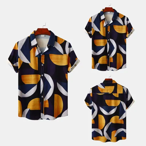 Men Casual Short Sleeve Beach Shirt European Size Floral Geometric Print Tropical Vacation Top For Summer Holiday Cotton