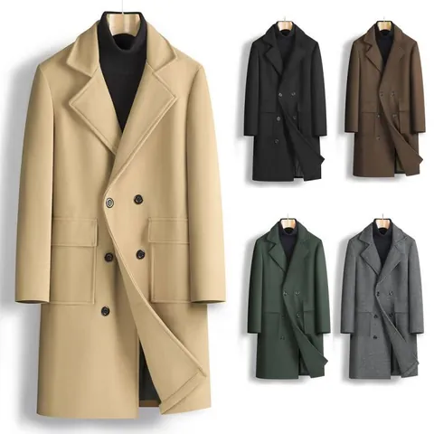 Soprabito da Uomo di Media Lunghezza in Misto Cotone Doppiopetto Trench Classico Collo Alto Casual Slim Fit Giacca Invernale Calda Con Cintura