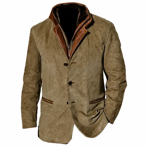 Men's Vintage Patchwork Work Jacket Casual Colorblock Lapel Outdoor Top Jacket for Men Polyester Suede Look Coat