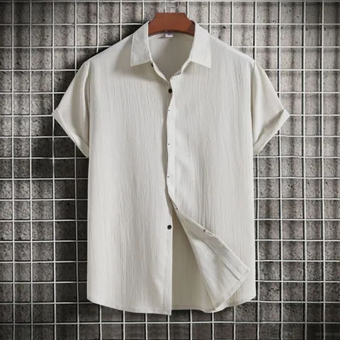 Men's Casual Short Sleeve Shirt Seersucker Texture Button Down Cotton Blend Slim Fit Solid Color Summer Beach Top