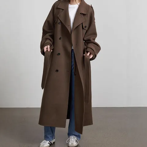 Women Retro Long Woolen Coat Elegant Solid Color Lapel Overcoat Double Breasted Trench Coat With Belt Fall Winter Outerwear Top