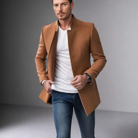 Manteau en Laine pour Homme Style Britannique Coupe Slim Manches Longues Col Montant Pardessus Top Mode Décontracté Polyester Automne