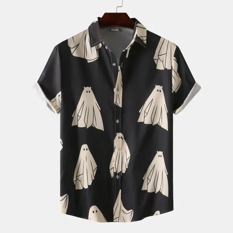 Camicia Casual da Uomo a Maniche Corte Stampa Fantasma Cartone Animato Misto Cotone Abbottonata Top Tropicale da Spiaggia Abbigliamento per Festa di Halloween