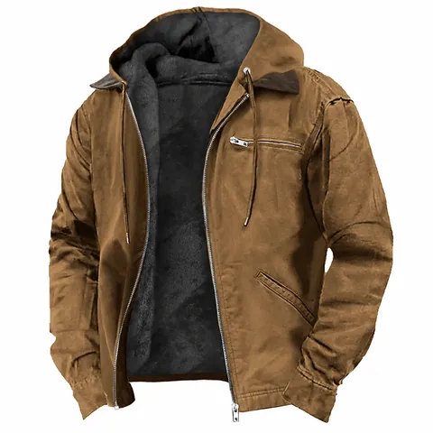 Men Casual Hooded Jacket Outerwear Polyester Windproof Warm Fleece Lined Retro Zipper Top For Autumn Winter Streetwear