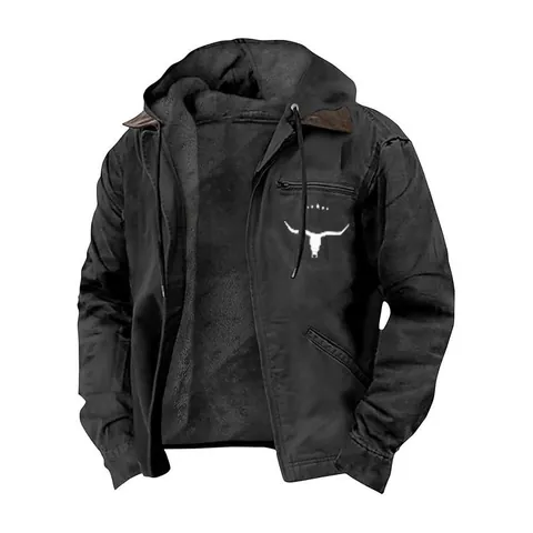 Men Casual Hooded Jacket Outerwear Polyester Windproof Warm Fleece Lined Retro Zipper Top For Autumn Winter Streetwear