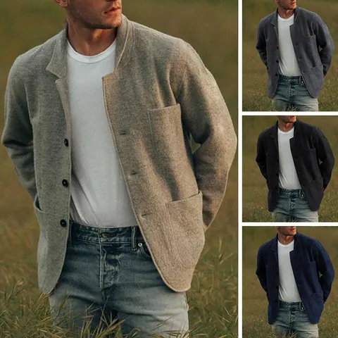 Herren Casual Sakko Blazer Polyester Einfarbig Reverskragen Einreihiger Mantel Mit Mehreren Taschen Urban Mode Top