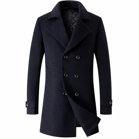 Manteau en Laine pour Hommes Style Britannique Automne Hiver Veste Longue Rembourrée Épaisse Coupe Slim Boutonnage Croisé Revers Top
