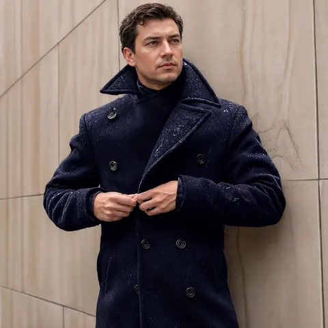 Heren Overjas Britse Stijl Middellang Polyester Look Double-Breasted Revers Verdikt Effen Kleur Winter Trench Lange Jas Top
