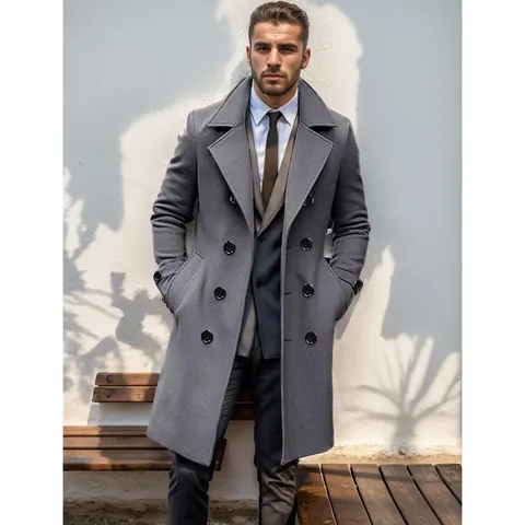 Cappotto da Uomo Slim Fit Doppiopetto in Lana Trench Lungo Casual Business Revers Giacca Invernale Calda Outwear