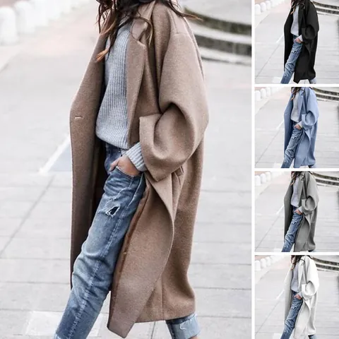 Dames Lange Wollen Mix Jas Oversized Grote Maat Effen Kleur Revers Eén Knoop Casual Herfst Winter Warme Bovenkleding Top
