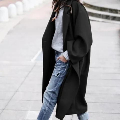 Dames Lange Wollen Mix Jas Oversized Grote Maat Effen Kleur Revers Eén Knoop Casual Herfst Winter Warme Bovenkleding Top