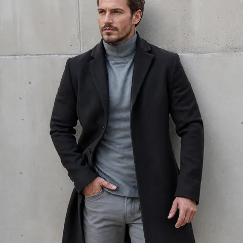 Manteau Homme Style Britannico Épais Mi-Long Coupe-Vent Veste Pour Hiver Automne Manteau Polyester Couleur Unie Top
