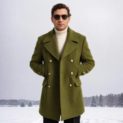 Cappotto Lungo in Lana da Uomo Stile Britannico a Doppiopetto Cappotto Formale Ispessito con Bottoni in Metallo Rever Top