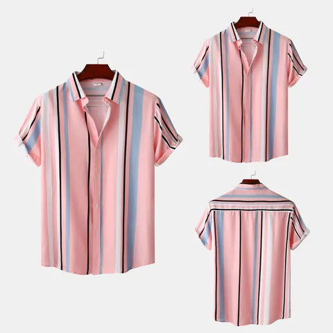 Herren Casual Kurzarm Hemd Lockerer Schnitt Vertikale Streifen Druck Acetate-Faser Top Für Sommer Urlaub Strand Kleidung
