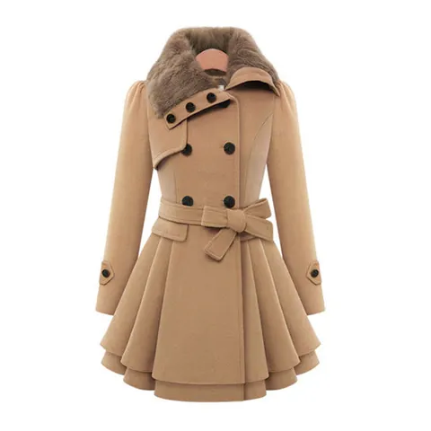 Women Mid-Length Wool-Like Coat Faux Fur Collar Double-Breasted Trench Jacket With Waist Belt Elegant British Outerwear
