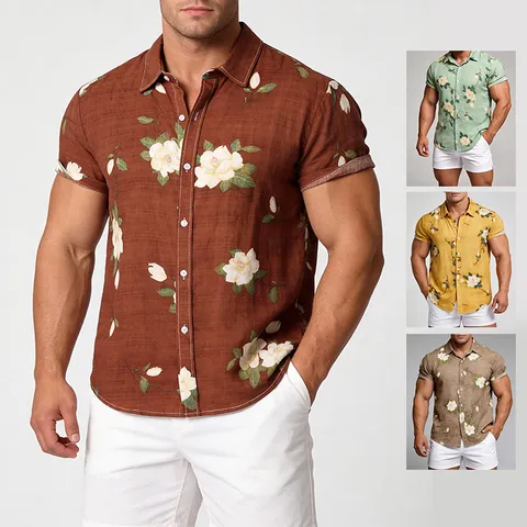 Herren Casual Kurzarm Hemd Magnolie Blumendruck Baumwollmischung Revers Einreihig Top Für Sommerurlaub Strandbekleidung