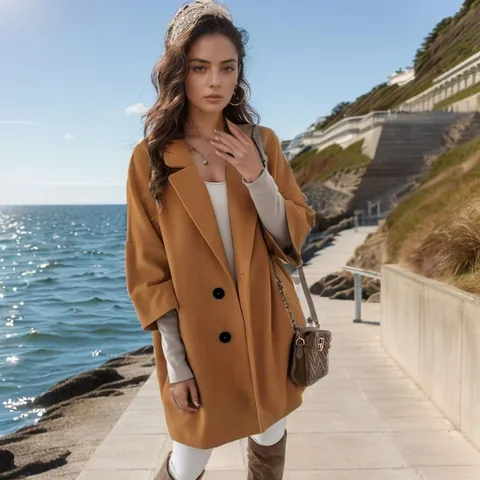 Manteau en Laine pour Femmes Grand Revers Bouton Poches Mi-longue Coupe Ample Top Automne Hiver Couleur Unie Décontracté