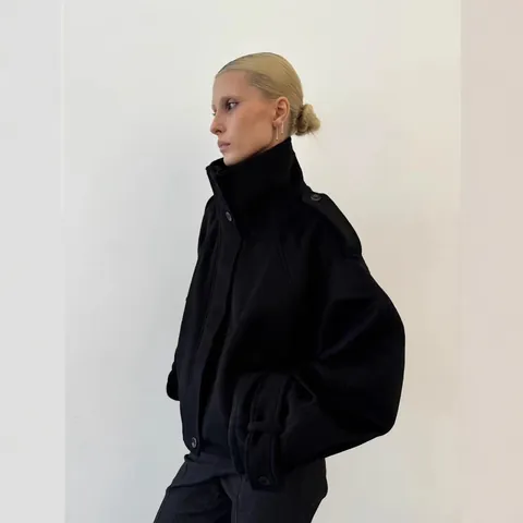 Damen Eleganter Wollmantel Stehkragen Einreihige Alpaka-Wolle Jacke Herbst Winter Mode Lockere Passform Oberbekleidung Top