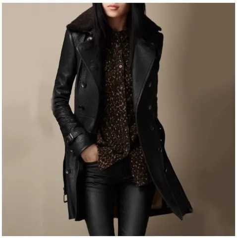 Women's British Style Faux Leather Jacket Mid-Length Biker Jacket With Thickened Faux Fur Collar Double Breasted Trench Coat Top
