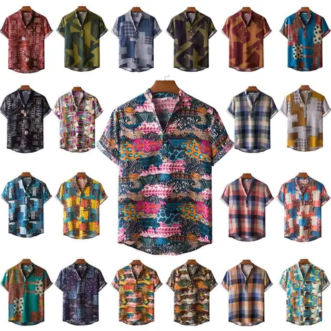 Camisa de Manga Corta con Estampado de Patchwork Étnico Vintage para Hombre Mezcla de Algodón Top de Playa Casual Transpirabile Cuello Mao