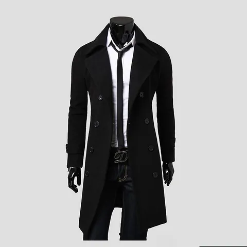Men's Luxury Double-Breasted Long Woolen Coat Business Casual Notch Lapel Overcoat Slim Fit Cotton Blend Winter Jacket