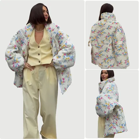Veste Rembourrée Florale Décontractée pour Femmes Avec Capuche Haut à Manches Longues Large Manteau Thermique Matelassé Blanc Imprimé Floral