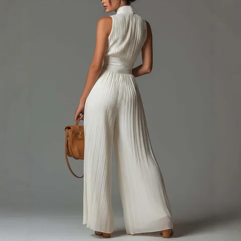 Women's Elegant Pleated Halter Neck Jumpsuit Sexy V Neck Sleeveless High Waist Wide Leg Long Pants Polyester Fashion One-Piece